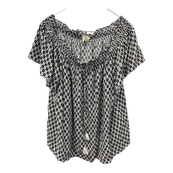 kate spade Tops - Kate Spade Top XL Black White Off The Shoulder Tasseled Rayon Smocked Blouse